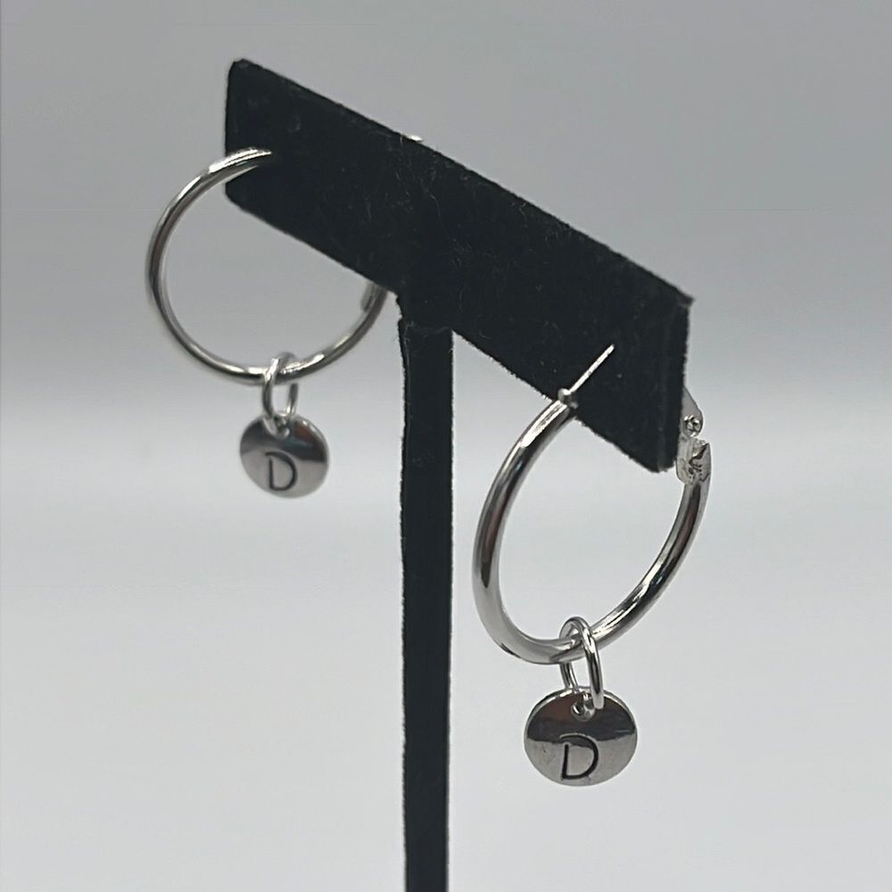 Choice of Silver-tone 1-in Hoops with Dangling Initial Charm (A-Z)